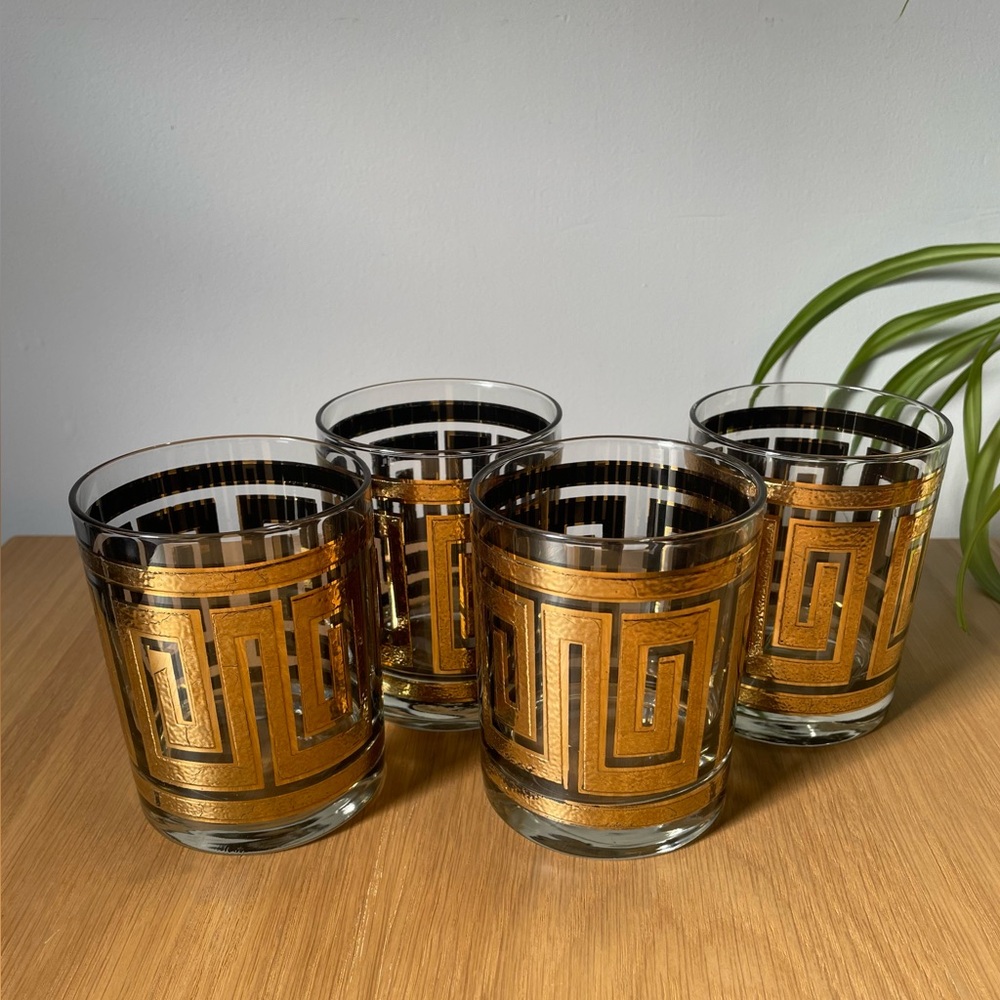 Vintage MCM Culver Whiskey Glasses 22K Gold Greek Key Pattern Set of 4 - Picture 3 of 10